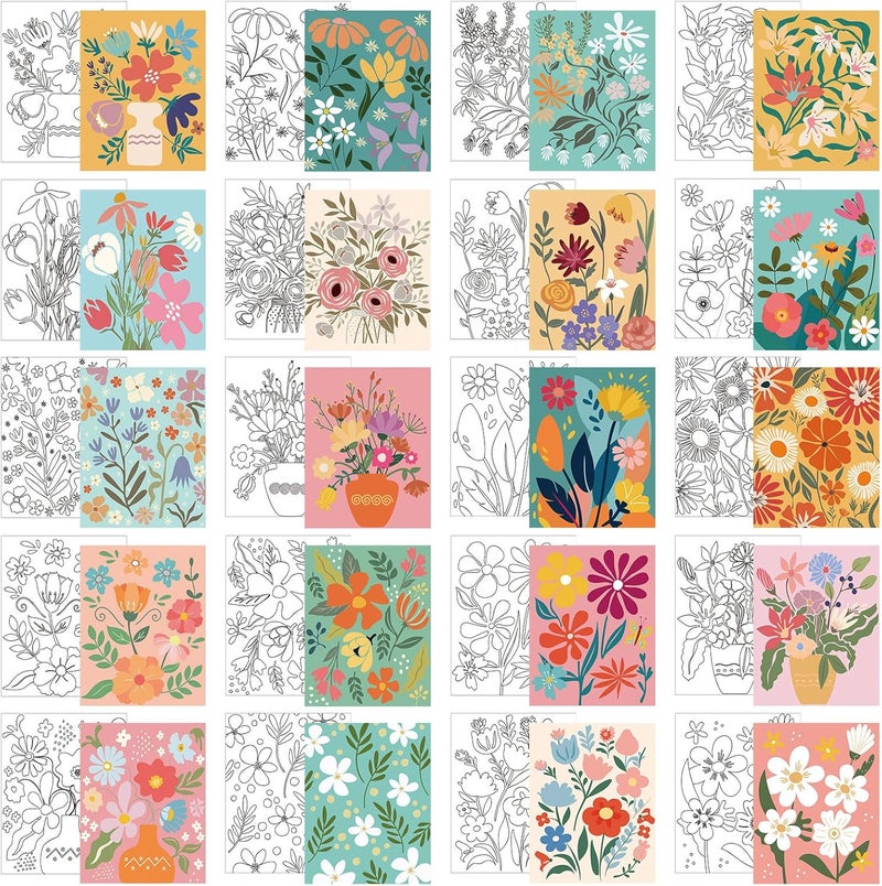 Sherr 20 Pcs Stretched Pre Drawn Canvas Afro Queen Black Art for Painting for Adults Outline Pre Drawn Stretched Cotton Canvas to Paint Party Set, 8 x 10''(Floral) - Image 1